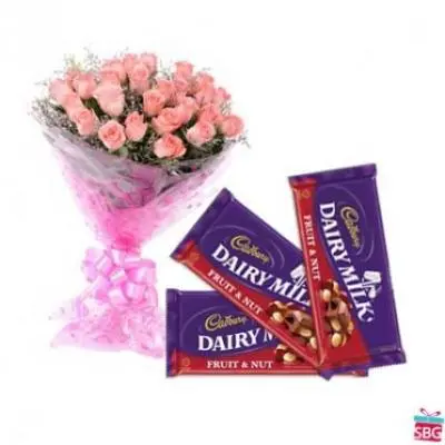 Pink Roses with Cadbury Dairy Milk-Fruit n Nut