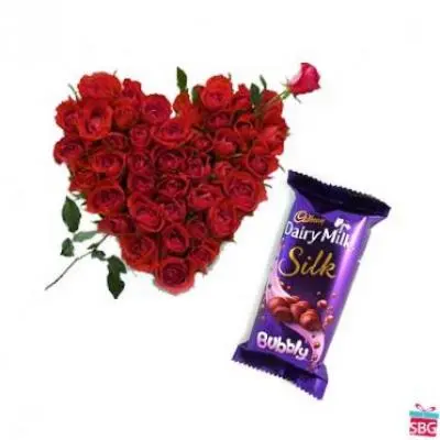 Roses Heart With Cadbury Silk Bubbly