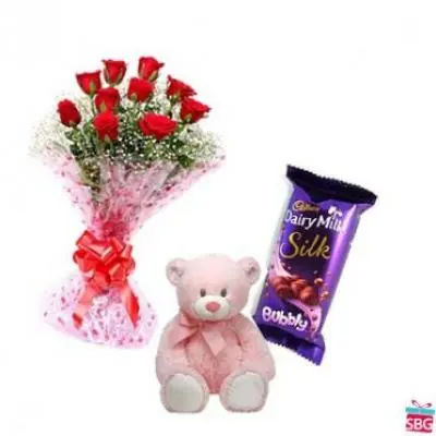 Roses, Teddy With Cadbury Silk Bubbly