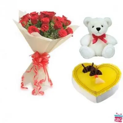 Roses, Teddy With Heart Shape Pineapple Cake