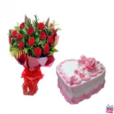 Red Roses With Heart Shape Strawberry Cake