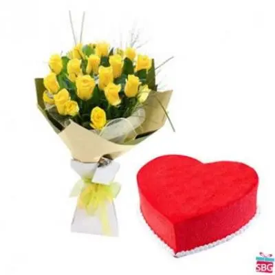 Yellow Roses With Heart shape Red Velvet Cake