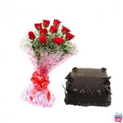Red Roses With Square Chocolate Truffle Cake
