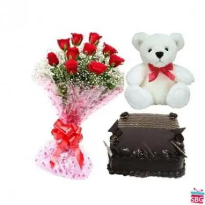Roses, Teddy With Square Chocolate Truffle Cake
