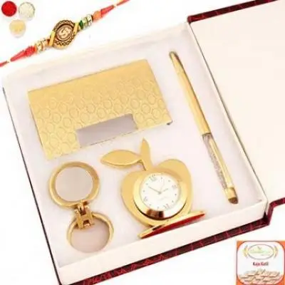 Crystal Pen with Cardholder, Clock and Keychain with Om Rakhi with 400 gms kaju Katli