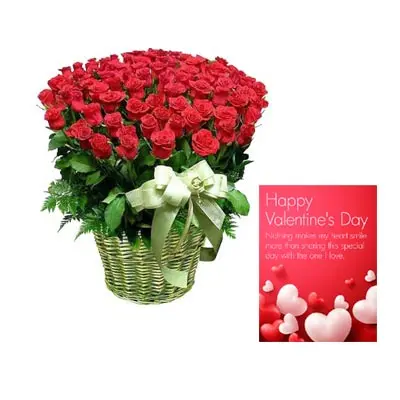 Red Roses Big Basket With Valentine Card