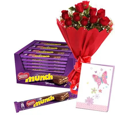 Munch Chocolates Hamper With Card and Roses