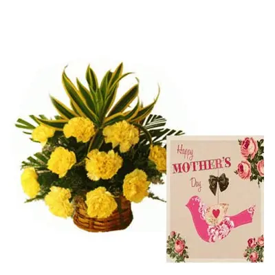 Yellow Carnation Basket with Mothers Day Card