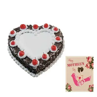 Heart Shape Black Forest Cake with Mothers Day Card