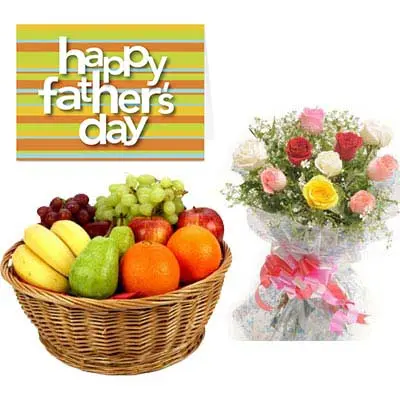 Fresh Fruits Basket & Mixed Roses with Fathers Day Card