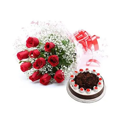 Eggless Black Forest Cake with 12 Red Roses Bouquet
