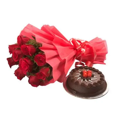 Eggless Chocolate Cake with 12 Red Roses Bouquet
