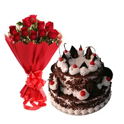 2 Tier Black Forest Cake with 12 Red Roses Bouquet