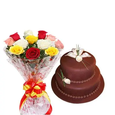 2 Tier Chocolate Cake with Mixed Roses Bouquet
