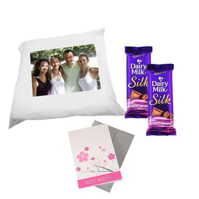 Personalized Cushion with 2 Cadbury Silk and Card