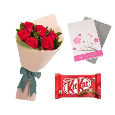 Kitkat Chocolates with Flowers and Greeting Card