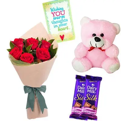 Teddy Bear, Chocolates, Flowers and Greeting Card