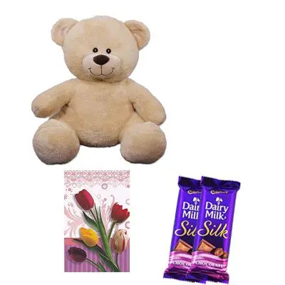 Brown Teddy Bear with Chocolates and Card
