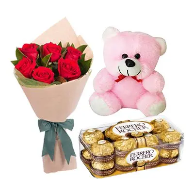 Chocolate with Teddy and Flowers