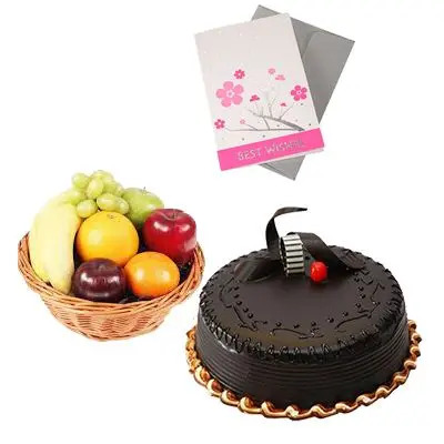 Fresh Fruits Basket with Cake and Card