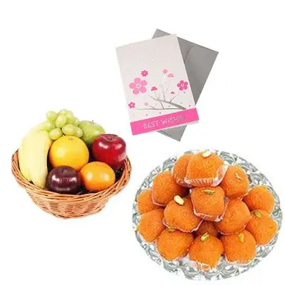 Fresh Fruits Basket with Ladoo and Card