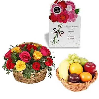 Fresh Fruits Basket with Mixed Flowers Basket and Greeting Card