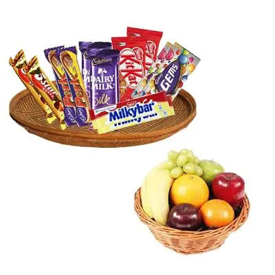 Fresh Fruits Basket with Mixed Chocolates Hamper