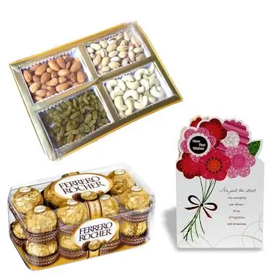 Dry Fruits with Greeting Cards and Ferrero Rocher