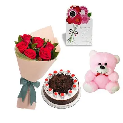 Teddy, Roses, Cake and Greeting Card