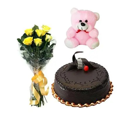 Teddy, Cake and Yellow Roses