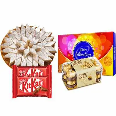 Kaju Katli with Cadbury Celebration, Ferrero Rocher & Kitkat