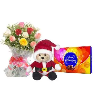 Santa Claus with Mix Roses Bouquet & Cadbury Celebration