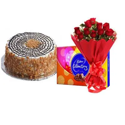 Butter Scotch Cake with Red Rose Bouquet & Cadbury Celebration