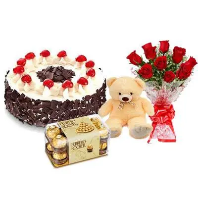 Black Forest Cake with Red Roses Bouquet, Teddy Bear & Ferrero Rocher