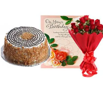 Butter Scotch Cake with Red Rose Bouquet & Greeting Card
