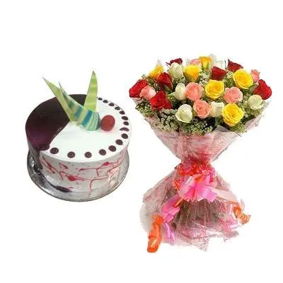 Choco Vanilla Cake with Mix Roses Bouquet