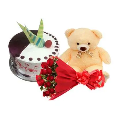 Choco Vanilla Cake with Red Roses & Teddy