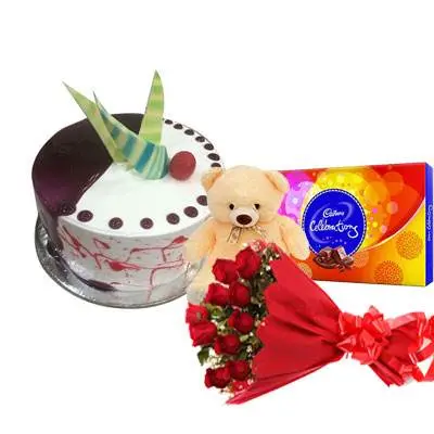 Choco Vanilla Cake with Red Roses, Celebration & Teddy