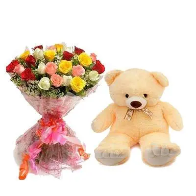 Mix Roses Bouquet with Teddy Bear