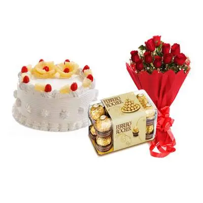 Pineapple Cake with Red Roses & Ferrero Rocher