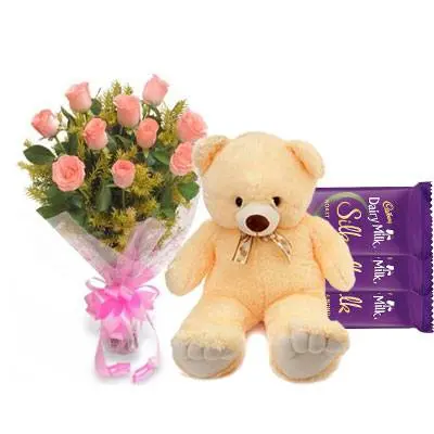 Pink Roses Bouquet with Dairy Milk & Teddy