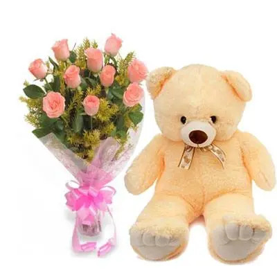 Pink Roses with Teddy Bear