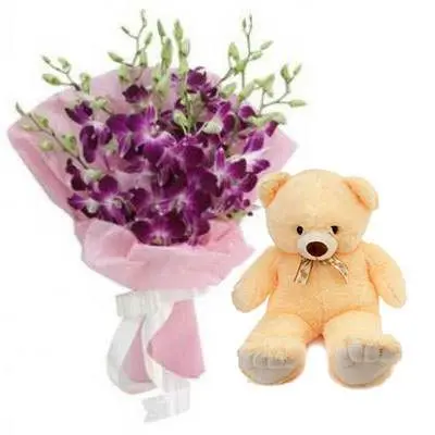 Purple Orchid Bouquet with Teddy Bear