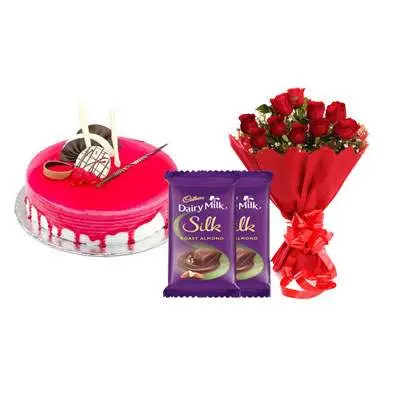 Strawberry Cake with Red Roses & Dairy Milk