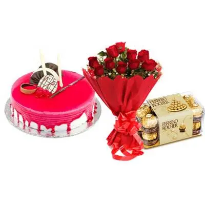 Strawberry Cake with Red Roses & Ferrero Rocher