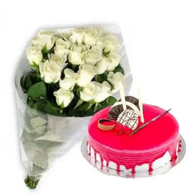 White Roses with Strawberry Cake