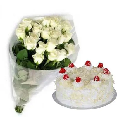 White Roses with White Forest Cake