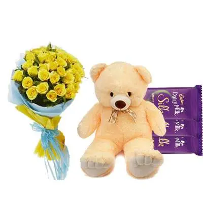 Yellow Roses with Dairy Milk & Teddy
