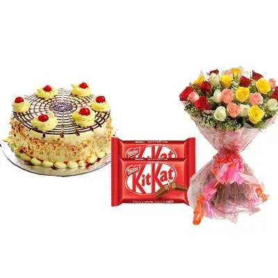 Butterscotch Cake with Mix Roses & Kitkat