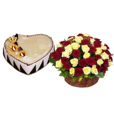 Heart Shape Butterscotch Cake with Red & White Roses